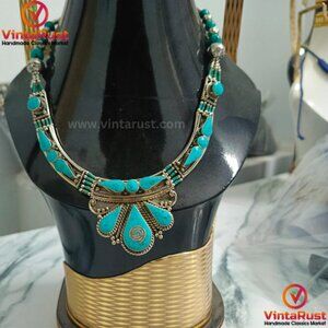 Statement Turquoise Choker Necklace, Nepalese Tribal Stylish Choker Necklace,